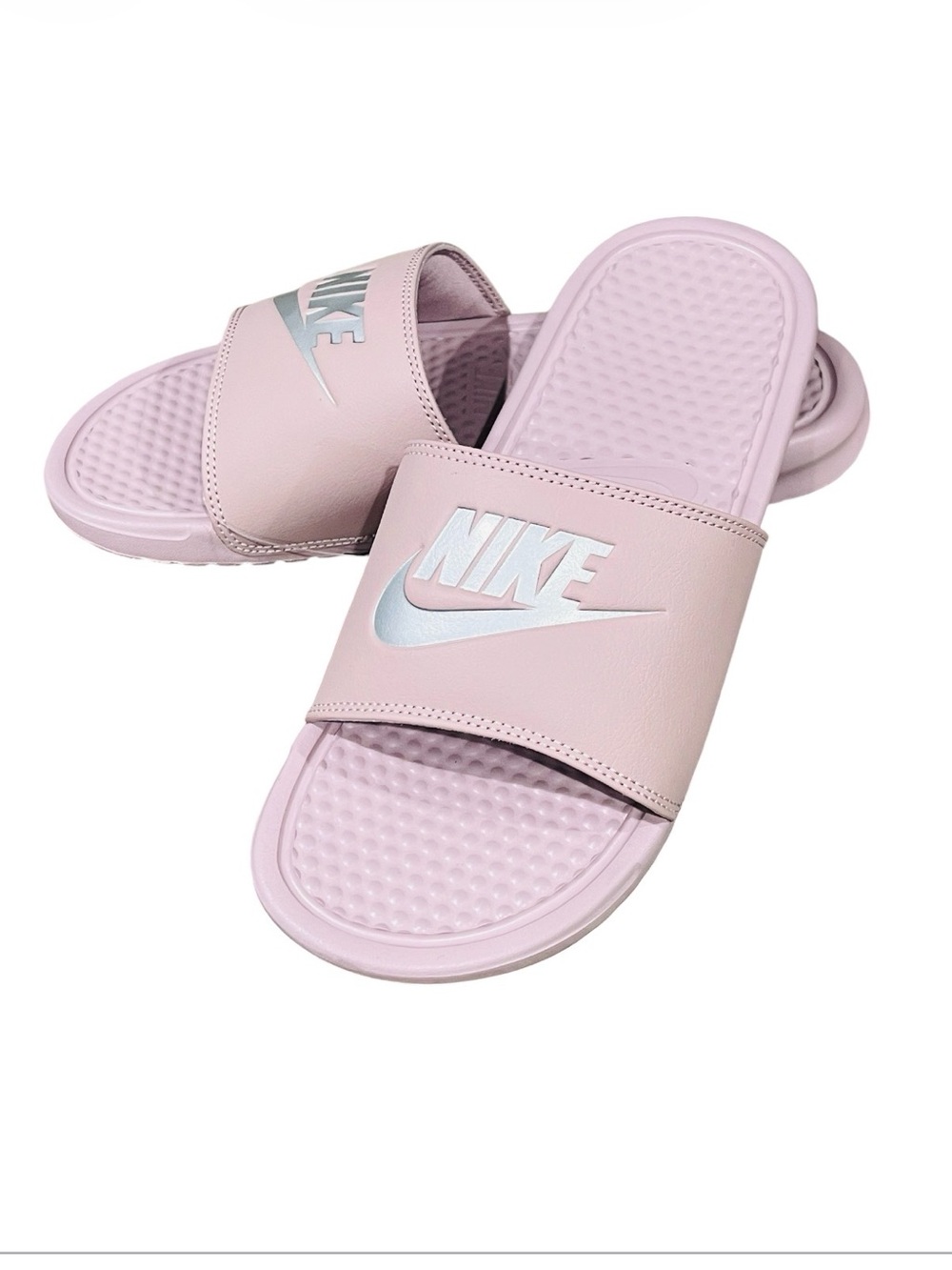 Nike Women's Pastel Pink Slide Sandals with Silver Logo size 9